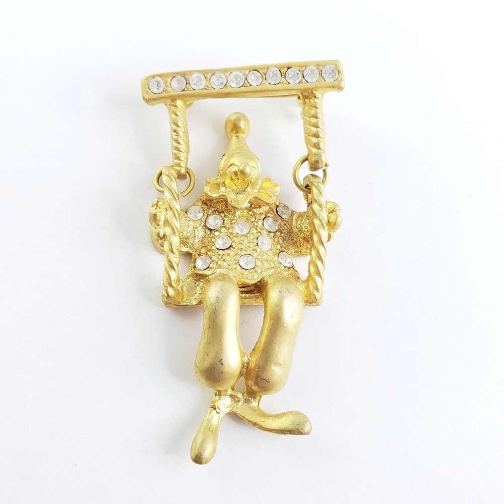 Vintage Brooch Clown Pin Gold + Rhinestones